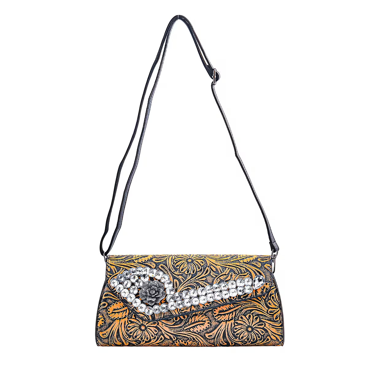 Brown Faux Leather Crossbody Bag with Floral Embossing and Rhinestone Accents