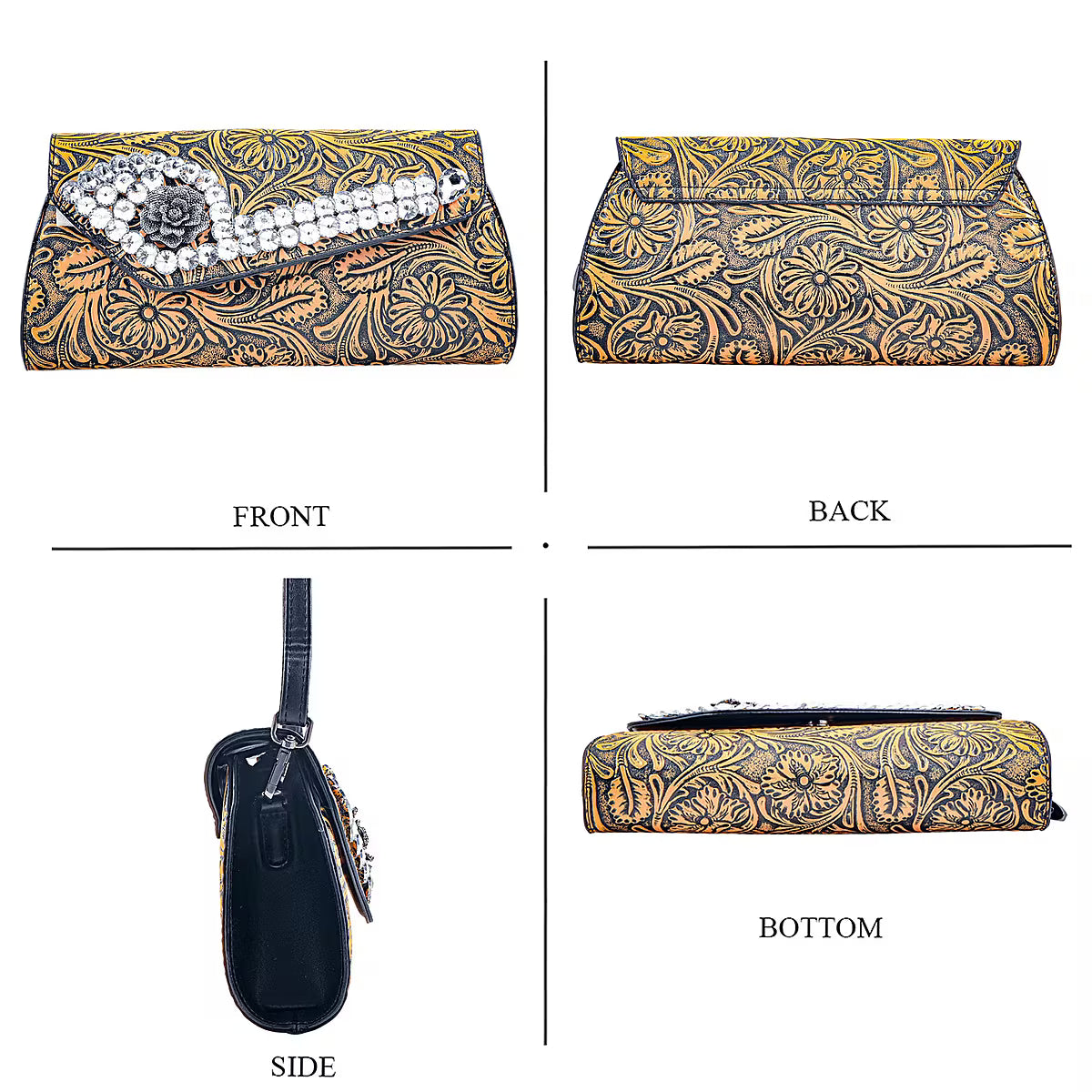 Brown Faux Leather Crossbody Bag with Floral Embossing and Rhinestone Accents