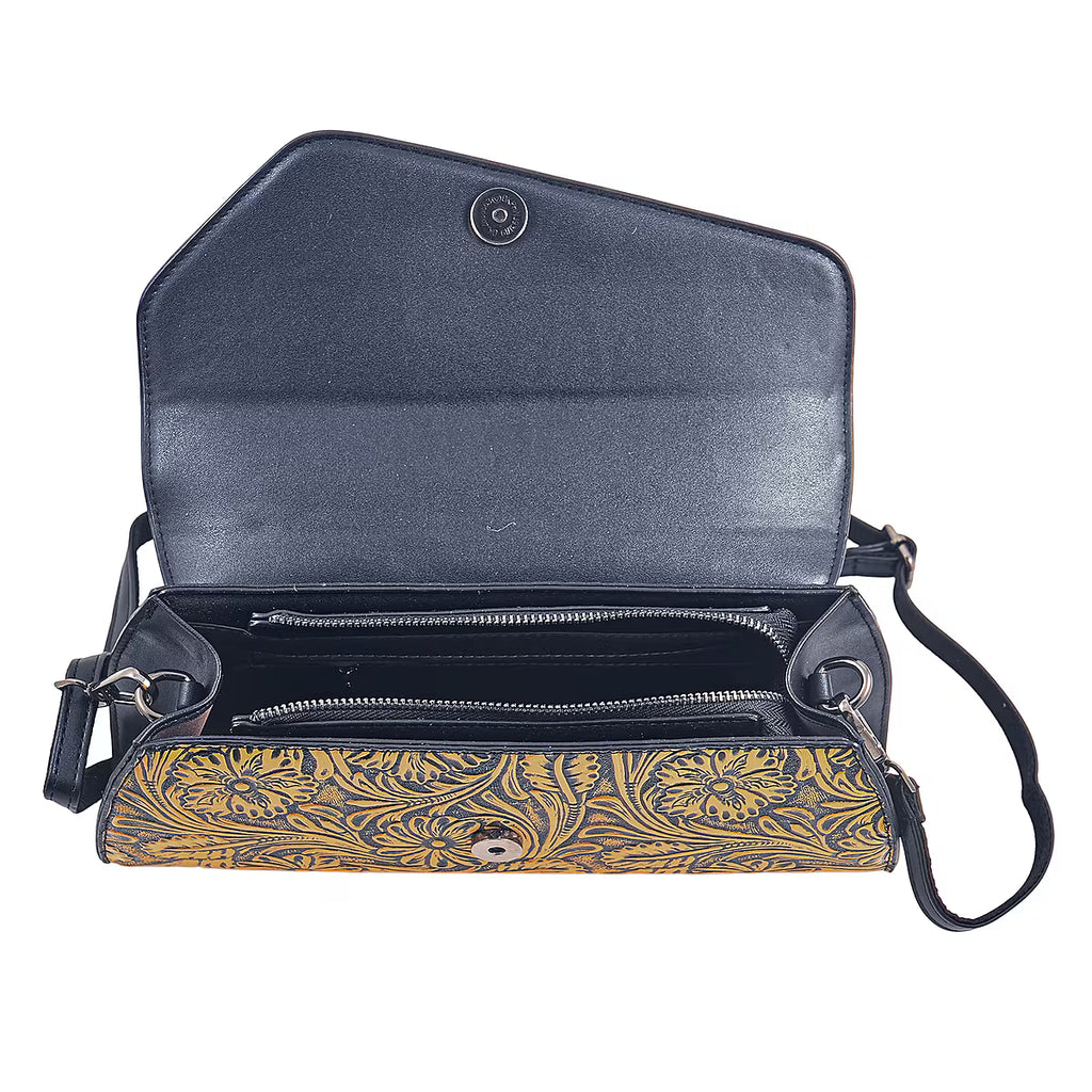 Brown Faux Leather Crossbody Bag with Floral Embossing and Rhinestone Accents