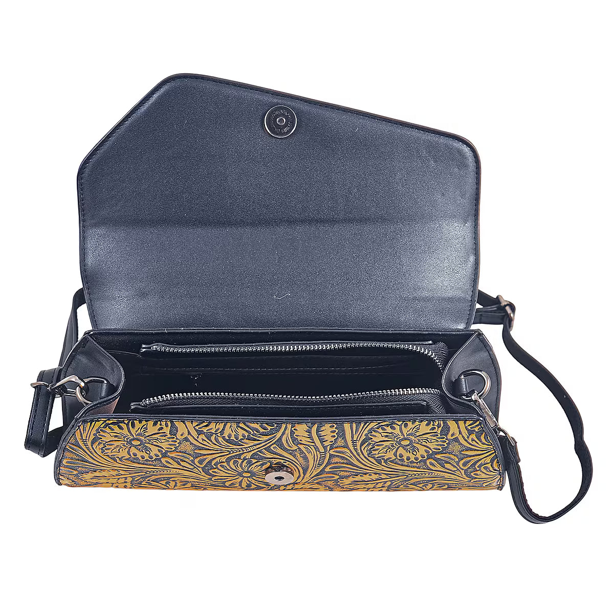 Brown Faux Leather Crossbody Bag with Floral Embossing and Rhinestone Accents