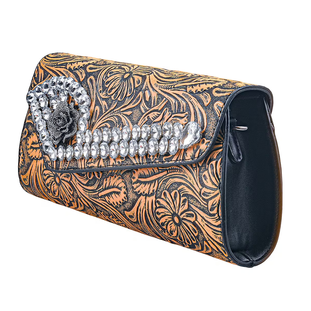 Brown Faux Leather Crossbody Bag with Floral Embossing and Rhinestone Accents