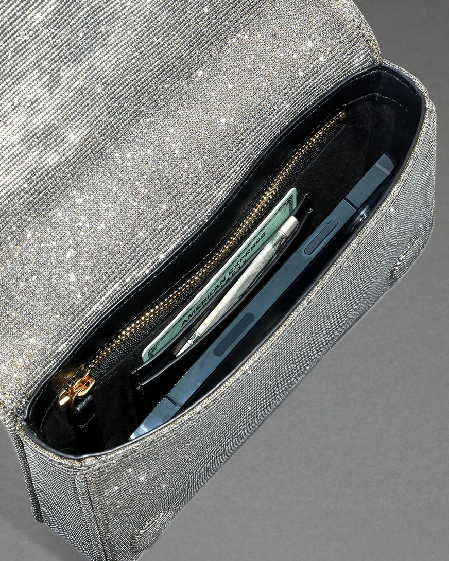Rhinestone-embellished wristlet with a wrist strap