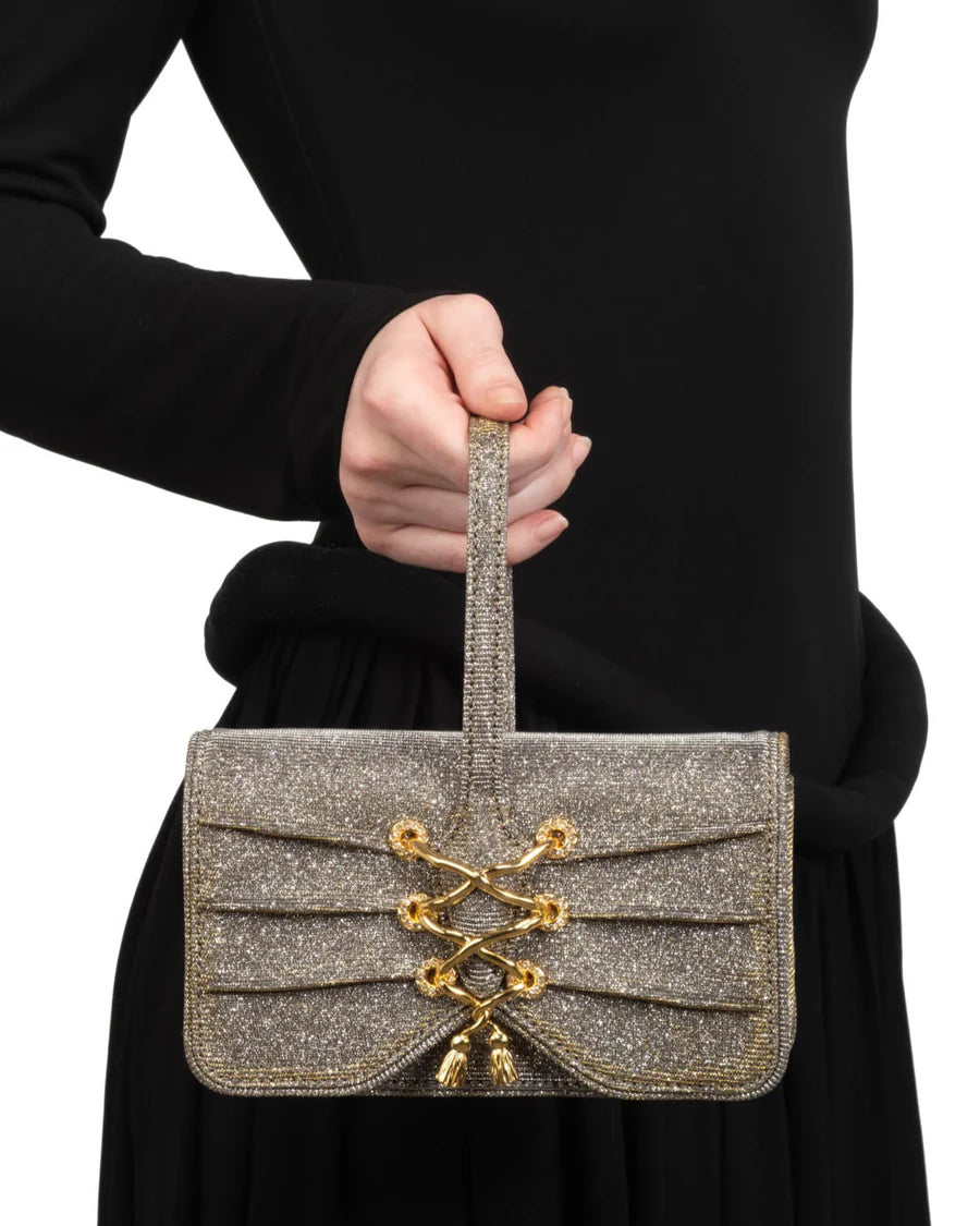 Rhinestone-embellished wristlet with a wrist strap